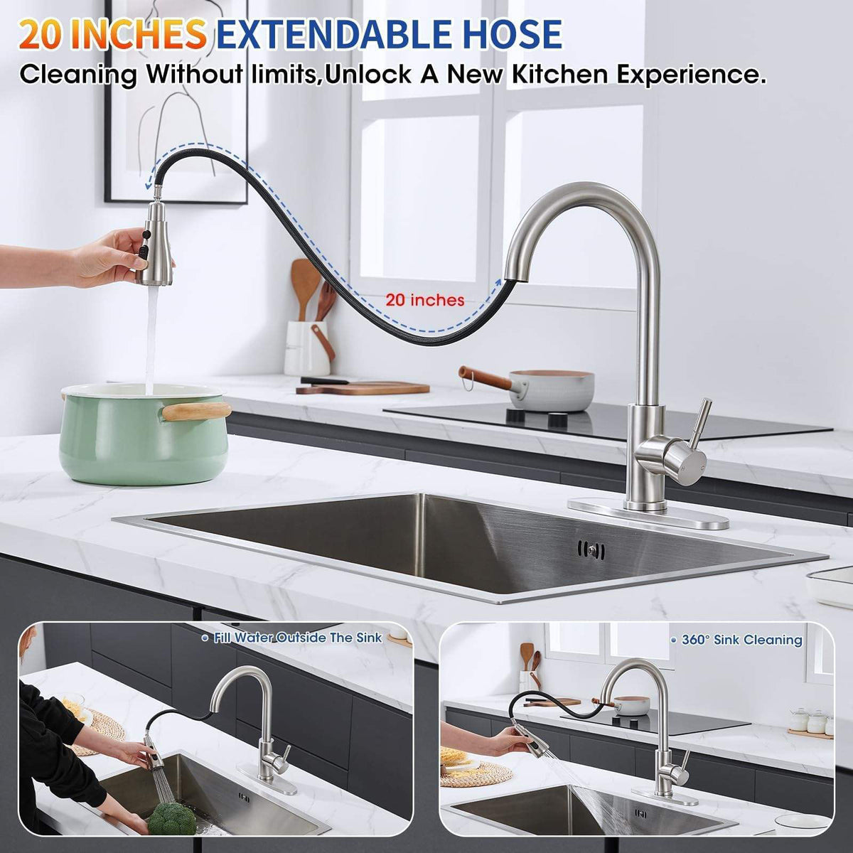 Kitchen faucet with extendable hose in a modern kitchen setting