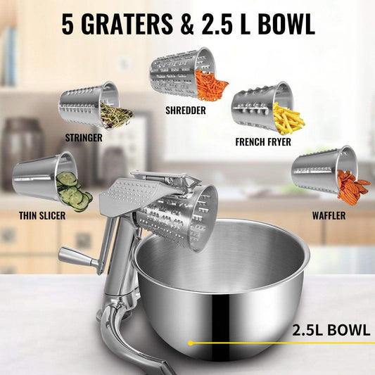 Kitchen grinder with multiple attachments and a 2.5L bowl on a blurred kitchen background.