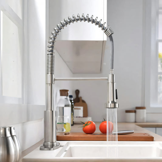A countertop salad spinner and strainer set shown on a white background, with a beige plastic basket, metal colander interior, vegetables inside, water splashing out, and three round filter discs displayed below.