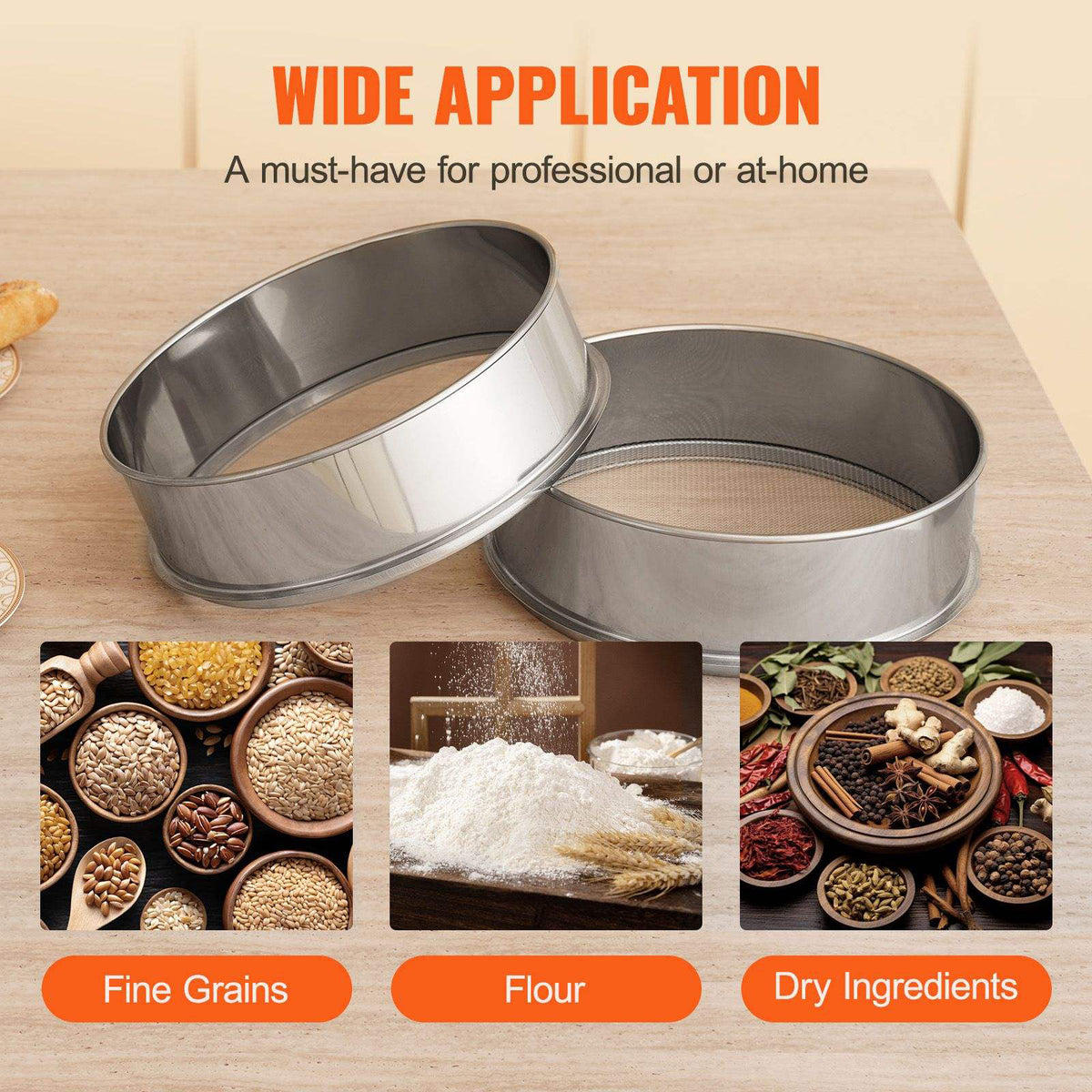 Two metal sifters on a wooden surface with text about their wide application in food preparation.