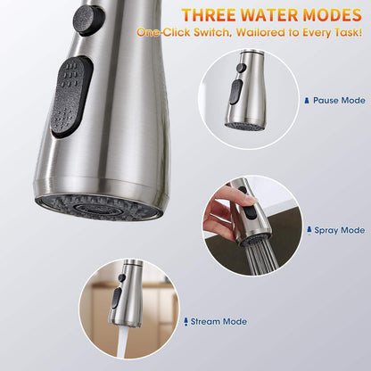 Stainless steel shower head with three water modes and one-click switch on a light gray background.