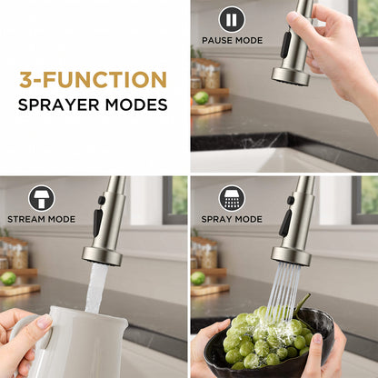 Kitchen faucet with 3-function sprayer modes being demonstrated in a kitchen setting.