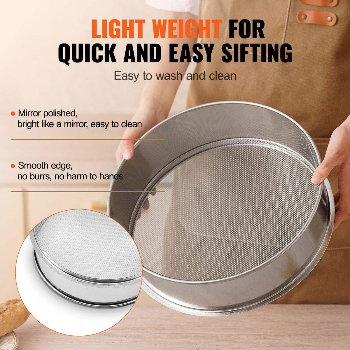 Metal sifter with text highlighting its features on a wooden surface