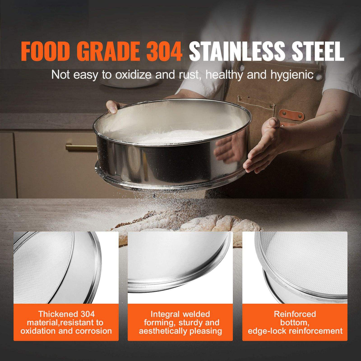 A stainless steel flour sifter being held by a person in a kitchen setting, with promotional text reading 'FOOD GRADE 304 STAINLESS STEEL' and three feature callouts at the bottom about thickness, welding, and reinforced edges.