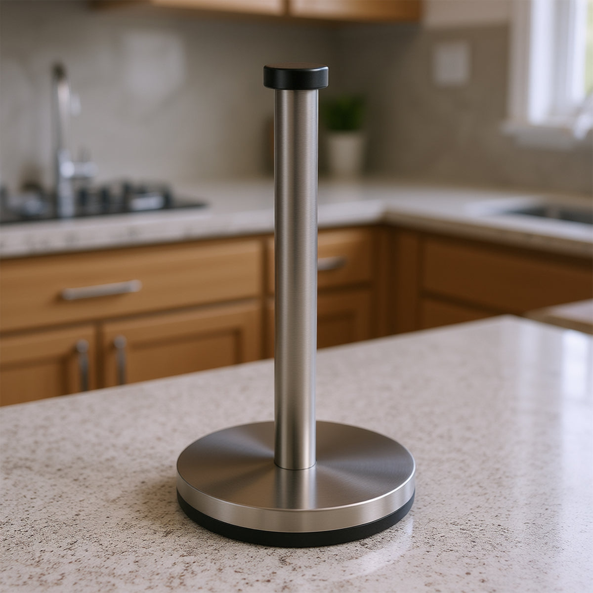 A stainless steel garlic press tool shown on a split gray and black background with text reading '100% PREMIUM STAINLESS STEEL' and descriptive copy about durability.