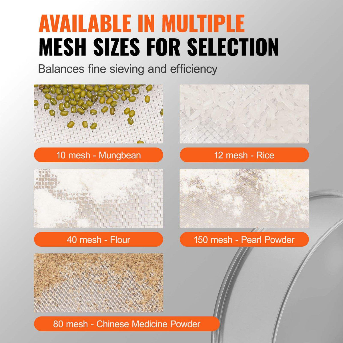 Mesh sieving demonstration with various mesh sizes and their applications on a gray background.