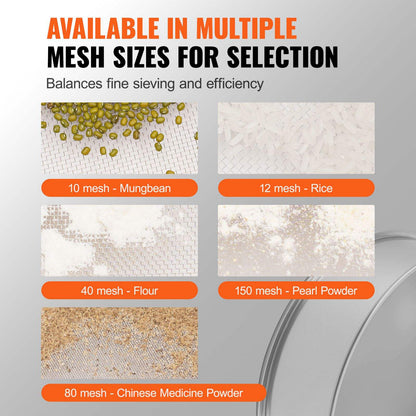 Mesh sieving demonstration with various mesh sizes and their applications on a gray background.