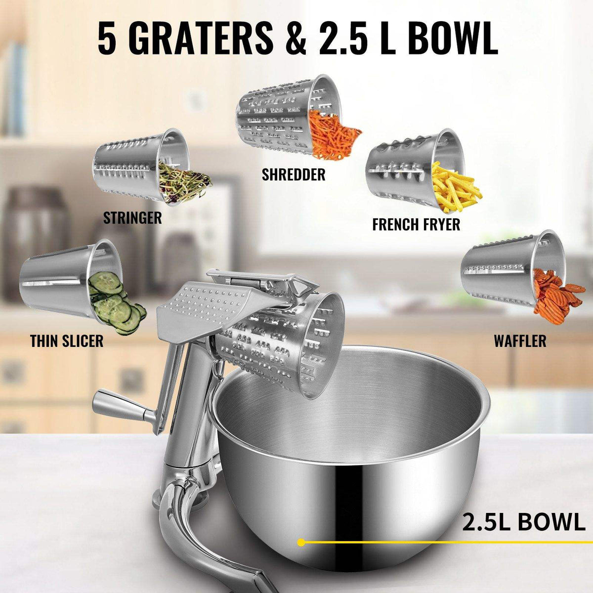 Kitchen grinder with multiple attachments and a 2.5L bowl on a blurred kitchen background.