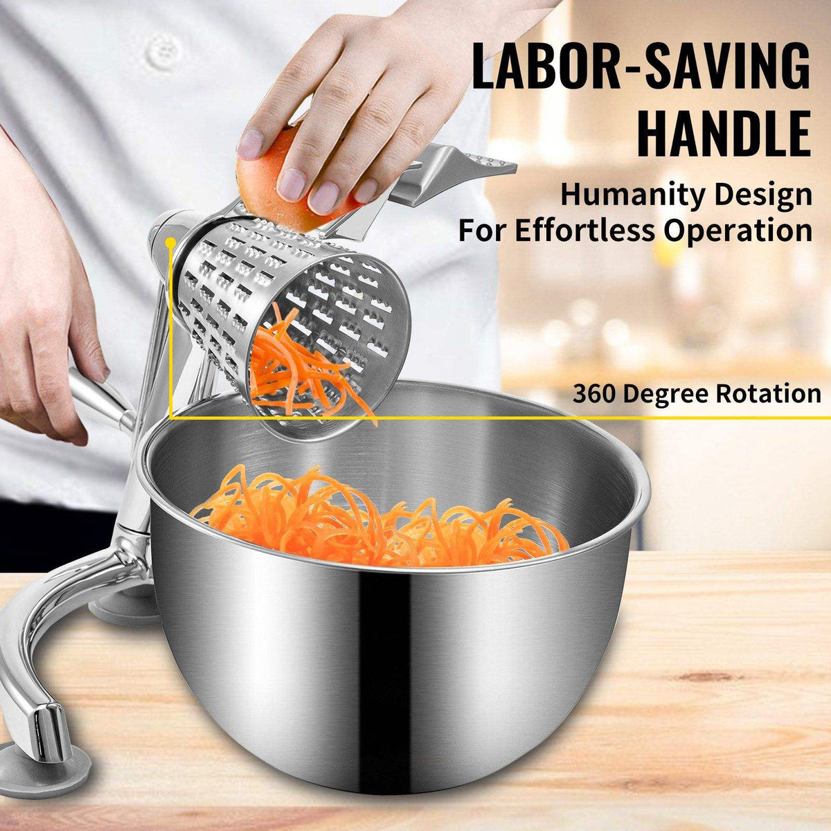 Stainless steel kitchen grater with carrots being grated into a bowl, labeled 'Labor-Saving Handle' and '360 Degree Rotation'.