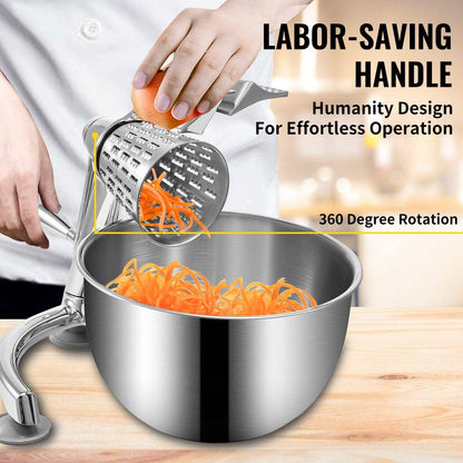 Stainless steel kitchen grater with carrots being grated into a bowl, labeled 'Labor-Saving Handle' and '360 Degree Rotation'.