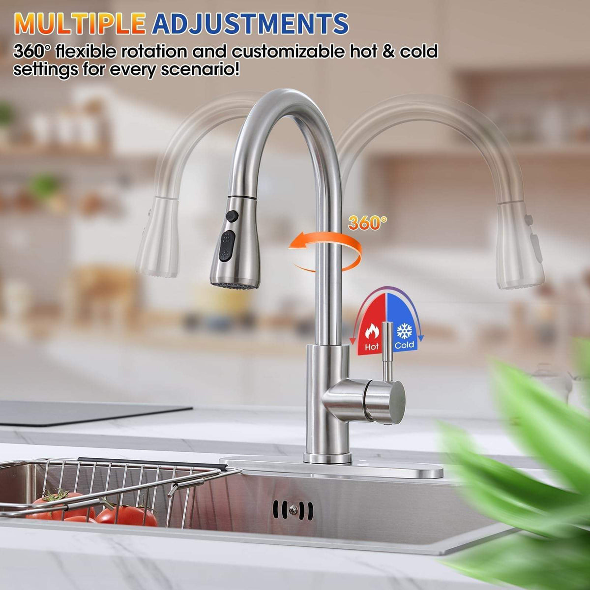 Modern kitchen faucet with 360-degree rotation and customizable hot and cold settings in a kitchen setting.