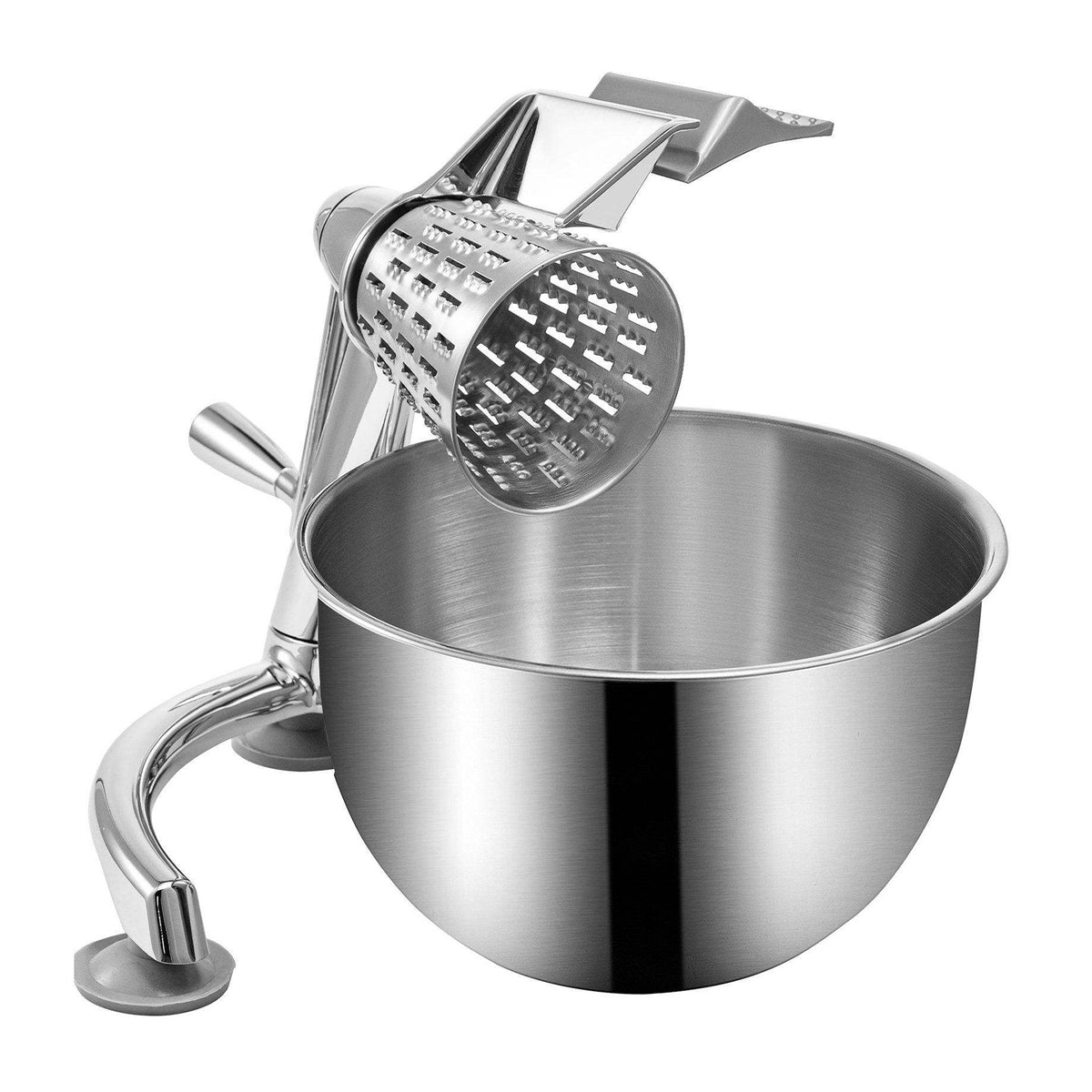A kitchen colander and slicer set with a beige plastic outer bowl, stainless steel colander basket, round lid, and three interchangeable slicing discs on a white background.