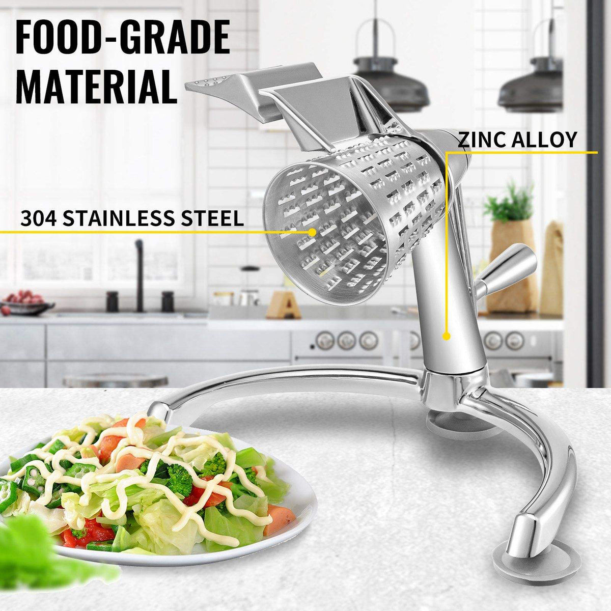 Manual food grinder with text highlighting material types in a kitchen setting