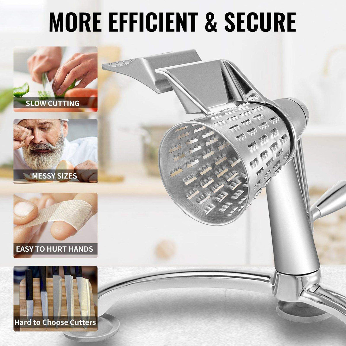 Kitchen grater with text highlighting efficiency and security benefits