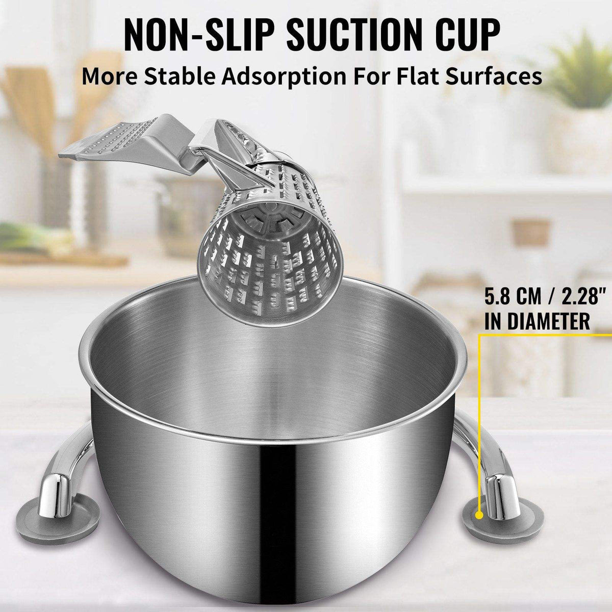 Stainless steel kitchen mixer with non-slip suction cup on a blurred kitchen background