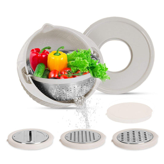 Vegetable chopper with colander and grater attachments on a white background