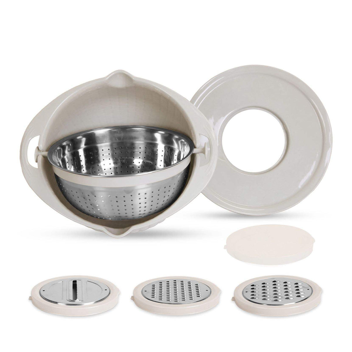 A kitchen colander and slicer set with a beige plastic outer bowl, stainless steel colander basket, round lid, and three interchangeable slicing discs on a white background.
