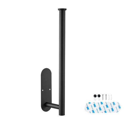 Black wall-mounted towel holder with installation hardware on a white background
