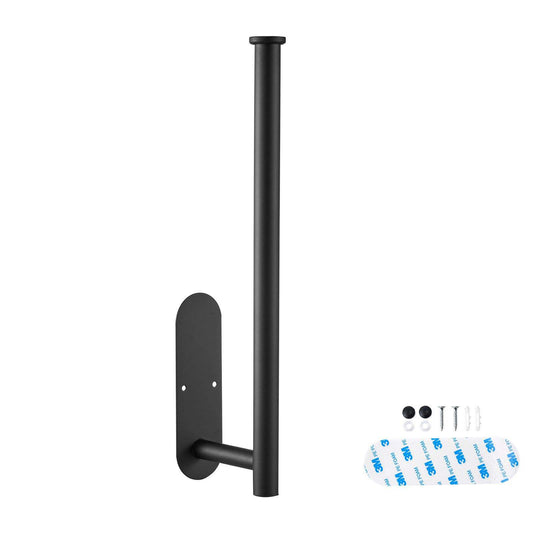Black wall-mounted towel holder with installation hardware on a white background