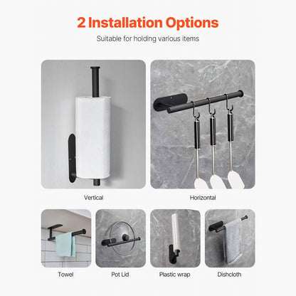Product information graphic showing a black wall-mounted hanging rod with two installation options: vertical and horizontal. The image includes six small example photos demonstrating use for towels, pot lids, plastic wrap, and dishcloths on a light gray background with orange text reading '2 Installation Options'.
